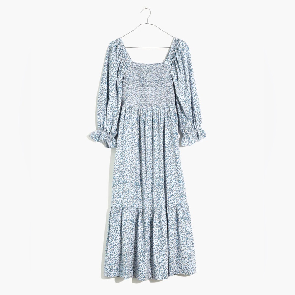 Madewell Lucie Elbow-Sleeve Smocked Midi Dress in Sunflower Field in Medium